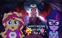 Size: 2048x1278 | Tagged: safe, editor:php77, imported from derpibooru, sci-twi, sunset shimmer, twilight sparkle, oc, oc:princess dark matter, equestria girls