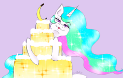 Size: 1504x952 | Tagged: safe, artist:zomixnu, imported from derpibooru, princess celestia, pony, banana, bananalestia, cake, cakelestia, female, food, solo