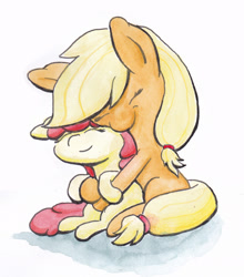 Size: 1461x1657 | Tagged: safe, artist:lost marbles, derpibooru exclusive, imported from derpibooru, apple bloom, applejack, cute, female, hug, sisters, traditional art