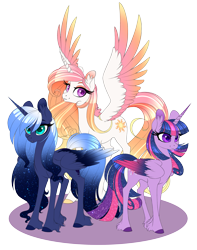 Size: 2481x3142 | Tagged: safe, alternate version, artist:peridotkitty, artist:silkensaddle, imported from derpibooru, princess celestia, princess luna, twilight sparkle, alicorn, pony, alternate color palette, colored hooves, colored wings, colored wingtips, ear fluff, ethereal mane, female, gradient wings, mare, multicolored wings, royal sisters, simple background, spread wings, starry mane, transparent background, trio, twilight sparkle (alicorn), unshorn fetlocks, wings