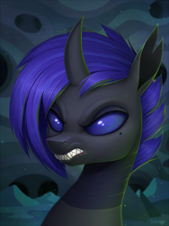 Size: 900x1200 | Tagged: safe, artist:scheadar, imported from derpibooru, oc, oc only, changeling, angry, blue changeling, bust, changeling oc, commission, hive, portrait, purple changeling, solo