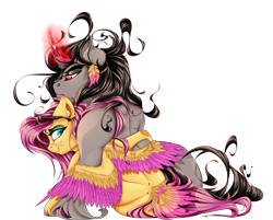 Size: 4751x3820 | Tagged: safe, alternate version, artist:dimidiummorsumbra, imported from derpibooru, fluttershy, king sombra, semi-anthro, ear fluff, ear piercing, earring, eyeshadow, female, hug, jewelry, makeup, male, piercing, shipping, simple background, sitting, smiling, sombrashy, straight, sunglasses, tail feathers, transparent background, unshorn fetlocks, winghug