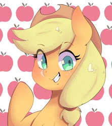 Size: 2389x2706 | Tagged: safe, artist:koto, imported from derpibooru, applejack, earth pony, pony, apple, female, food, glazed eyes, looking at you, mare, smiling, solo