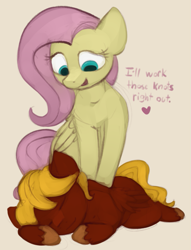 Size: 843x1105 | Tagged: safe, artist:marsminer, imported from derpibooru, fluttershy, oc, oc:soul harmony, canon x oc, cute, dialogue, duo, female, lying, massage, romantic, shipping, soulshy, text