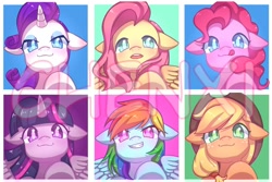 Size: 1000x666 | Tagged: safe, artist:chenxi, imported from derpibooru, applejack, fluttershy, pinkie pie, rainbow dash, rarity, twilight sparkle, alicorn, earth pony, pegasus, pony, unicorn, cute, female, looking at you, mane six, mare, pixiv, smiling, twilight sparkle (alicorn), watermark