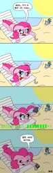 Size: 1000x3200 | Tagged: safe, artist:bjdazzle, imported from derpibooru, pinkie pie, rainbow dash, earth pony, pegasus, pony, beach, breaking the fourth wall, chair, comic, eyes closed, female, hammerspace hair, hot, lounging, lying down, mare, overheated, pinkie being pinkie, pinkie physics, prehensile mane, question mark, reclining, relaxing, remote control, sun, sunglasses, sweat, tanning mirror, television