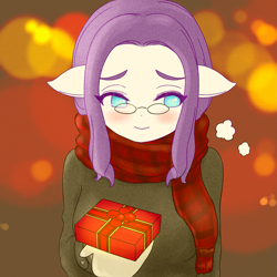 Size: 1929x1929 | Tagged: safe, artist:sigpi, imported from derpibooru, rarity, anthro, blushing, clothes, female, glasses, holiday, present, scarf, solo, valentine's day