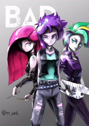 Size: 2893x4092 | Tagged: safe, artist:oberon826, imported from derpibooru, pinkie pie, rarity, starlight glimmer, equestria girls, alternate hairstyle, belt, clothes, drumsticks, female, gradient background, jacket, jeans, keytar, leather jacket, looking at you, musical instrument, pants, pinkamena diane pie, punk, raripunk, ripped jeans, trio