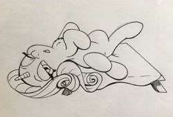 Size: 4032x2723 | Tagged: safe, artist:stammis, imported from derpibooru, rarity, pony, female, monochrome, on back, solo, table, traditional art