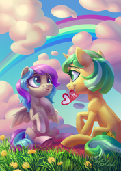 Size: 2893x4092 | Tagged: safe, artist:holivi, imported from derpibooru, oc, oc only, oc:first edition, oc:silverstar, pegasus, pony, unicorn, cloud, female, lesbian, mare, oc x oc, rainbow, shipping