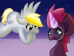 Size: 1024x768 | Tagged: safe, artist:cloudyhan24, imported from derpibooru, derpy hooves, fizzlepop berrytwist, tempest shadow, pegasus, pony, unicorn, my little pony: the movie, cute, derpabetes, derpest, female, flying, hat, mare, party hat, smiling, tempest gets her horn back, tempestbetes