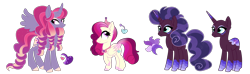 Size: 3588x1065 | Tagged: safe, artist:unicorn-mutual, imported from derpibooru, oc, oc only, alicorn, pegasus, pony, unicorn, female, magical lesbian spawn, mare, offspring, parent:cherry jubilee, parent:princess cadance, parent:princess luna, parent:saffron masala, parent:scarlet heart, simple background, transparent background