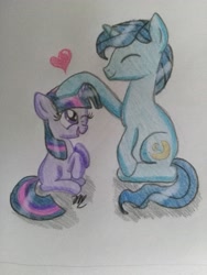 Size: 3120x4160 | Tagged: safe, artist:prinrue, imported from derpibooru, night light, twilight sparkle, cute, father's day, female, filly, filly twilight sparkle, happy, heart, hoof on head, sitting, smiling, traditional art, twiabetes, younger