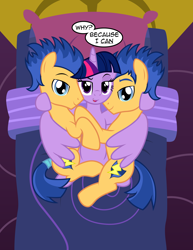 Size: 2550x3300 | Tagged: safe, artist:badumsquish, derpibooru exclusive, imported from derpibooru, flash sentry, twilight sparkle, alicorn, pegasus, pony, equestria girls, bed, cuddling, dreamworks face, duality, equestria girls ponified, female, flashlight, harem, hug, human flash sentry, like a boss, looking at you, male, on back, on side, ponified, raised eyebrow, reverse harem, self ponidox, shipping, show accurate, smug, straight, talking to viewer, trio, twilight sparkle (alicorn), twilight sparkle gets all the stallions, winghug