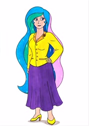 Size: 2472x3493 | Tagged: safe, artist:killerteddybear94, imported from derpibooru, princess celestia, human, beautiful, celestia day, clothes, hand on hip, high heels, humanized, jacket, long hair, long skirt, shoes, skirt, smiling, solo, traditional art