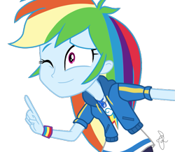 Size: 655x572 | Tagged: safe, artist:ilaria122, imported from derpibooru, rainbow dash, equestria girls, equestria girls series, clothes, cute, dashabetes, geode of super speed, magical geodes, one eye closed, pants, shirt, simple background, sweatshirt, transparent background, wristband