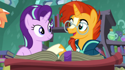 Size: 1280x720 | Tagged: safe, imported from derpibooru, screencap, starlight glimmer, sunburst, celestial advice, book, clothes, female, glasses, looking at each other, male, reading, robe, sunburst's cloak, sunburst's glasses, sunburst's robe