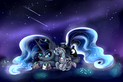 Size: 3000x2000 | Tagged: safe, artist:marbola, imported from derpibooru, princess luna, alicorn, dragon, color porn, female, happy, mare, night, shooting star, sky, smiling, stars