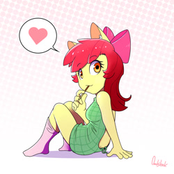 Size: 900x900 | Tagged: safe, artist:0ndshok, imported from derpibooru, apple bloom, anthro, earth pony, abstract background, adorabloom, backless, buttcrack, clothes, cute, ear fluff, eating, female, food, heart, looking at you, looking back, looking back at you, no nose, open-back sweater, pictogram, pocky, sleeveless sweater, socks, solo, sweater, virgin killer sweater