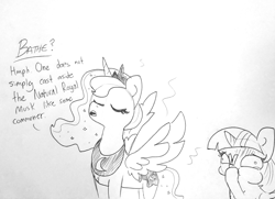 Size: 1658x1203 | Tagged: safe, artist:tjpones, imported from derpibooru, princess luna, twilight sparkle, alicorn, black and white, body odor, eyes closed, grayscale, lineart, monochrome, smelly, stink lines, traditional art, twilight sparkle (alicorn)