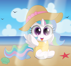 Size: 1350x1250 | Tagged: safe, artist:spellboundcanvas, imported from derpibooru, princess celestia, alicorn, pony, beach, bow, cewestia, clothes, cute, cutelestia, female, filly, hat, one-piece swimsuit, solo, sun hat, swimsuit, weapons-grade cute, younger