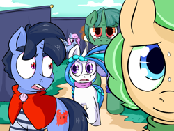 Size: 1280x960 | Tagged: safe, artist:zanezandell, imported from derpibooru, oc, oc only, oc:krabby, oc:truffle mint, oc:vanilla snow, earth pony, pony, unicorn, comic:cmcnext, angry, cape, clothes, cmcnext, colt, female, filly, guard, magical lesbian spawn, male, nervous, offspring, parent:bon bon, parent:lyra heartstrings, parent:princess cadance, parent:shining armor, parents:lyrabon, parents:shiningcadance, princess, scarf, shirt, story included, sweat