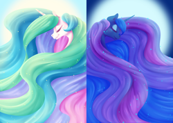 Size: 800x566 | Tagged: safe, artist:tiitcha, imported from derpibooru, princess celestia, princess luna, alicorn, pony, duo, female, mare, sisters