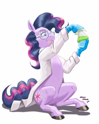 Size: 1100x1374 | Tagged: safe, artist:baron engel, imported from derpibooru, pinkie pie, twilight sparkle, earth pony, pony, :p, chemistry, clothes, cutie mark swap, disguise, female, flask, fusion, glasses, gloves, lab coat, mare, palette swap, recolor, safety goggles, science, simple background, solo, this will end in science, this will not end well, tongue out, traditional art
