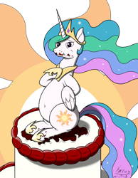 Size: 2552x3288 | Tagged: safe, artist:dashiesparkle, artist:xyrrus, imported from derpibooru, princess celestia, alicorn, pony, cake, cakelestia, chubby, female, food, mare, simple background, solo, stuffed, stuffed belly, sun, transparent background