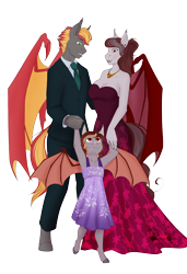 Size: 3360x4917 | Tagged: safe, artist:blackblood-queen, imported from derpibooru, oc, oc only, oc:pepper zest, oc:savory zest, oc:scarlet quill, anthro, bat pony, unguligrade anthro, anthro oc, armpits, bat pony oc, breasts, cleavage, clothes, commission, dress, ear piercing, earring, family, fangs, female, filly, holding hands, jewelry, lipstick, looking down, looking up, male, mare, necklace, necktie, offspring, parent:oc:savory zest, parent:oc:scarlet quill, parents:oc x oc, parents:scarlory, piercing, scarlory, simple background, slit eyes, slit pupils, spread wings, stallion, suit, transparent background, wings