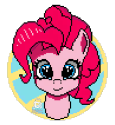 Size: 503x547 | Tagged: safe, artist:xflutt, imported from derpibooru, pinkie pie, earth pony, pony, female, looking at you, mare, pixel art, simple background, solo, transparent background