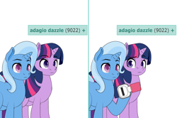 Size: 1204x800 | Tagged: safe, artist:dekomaru, edit, imported from derpibooru, trixie, twilight sparkle, pony, unicorn, derpibooru, tumblr:ask twixie, ask, comic, female, implied adagio dazzle, lesbian, meta, over 9000, scouter, shipping, tags, tumblr, twixie