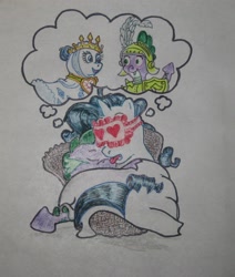 Size: 1574x1853 | Tagged: safe, artist:hillbe, imported from derpibooru, rarity, spike, basket, dream, female, knight, male, princess, shipping, sparity, straight, traditional art