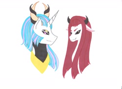 Size: 1750x1275 | Tagged: safe, artist:ocean-drop, imported from derpibooru, oc, oc:daemon, oc:princess nebula, monster pony, brother and sister, bust, duo, female, horns, interdimensional siblings, interspecies offspring, male, monster mare, multiple eyes, muttonchops, offspring, parent:lord tirek, parent:princess celestia, parents:celestirek