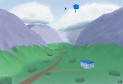 Size: 3600x2455 | Tagged: safe, artist:the-furry-railfan, imported from derpibooru, oc, oc only, oc:gustriana, oc:interrobang, oc:linework, earth pony, griffon, pony, bush, cloud, dirt road, flying, helium tank, hose, house, inflation, mountain, mountain range, scenery, valley