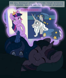 Size: 674x800 | Tagged: safe, artist:gor1ck, imported from derpibooru, princess luna, star swirl the bearded, twilight sparkle, alicorn, unicorn, dream, female, friendship throne, glowing horn, magic, male, mare, she knows, sleeping, stallion, thinking, twilight sparkle (alicorn)
