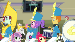 Size: 1920x1080 | Tagged: safe, imported from derpibooru, screencap, apple bloom, bright idea, bulk biceps, normal norman, photo finish, rose heart, sophisticata, starlight, starshine, sweetie belle, teddy t. touchdown, trixie, equestria girls, friendship games, background human, bass drum, chip labiatae, chs rally song, diamond dudes, marching band, marching band uniform, musical instrument, snare drum, sousaphone, trumpet, unnamed character, unnamed human