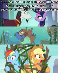 Size: 1920x2401 | Tagged: safe, edit, edited screencap, imported from derpibooru, screencap, applejack, chancellor neighsay, rainbow dash, twilight sparkle, yona, alicorn, earth pony, pegasus, pony, unicorn, yak, non-compete clause, asphyxiation, bubble, cloak, clothes, cloven hooves, cowboy hat, danger, dialogue, drowning, eyes closed, female, hat, helmet, male, mare, stallion, strawman has a point, twilight sparkle (alicorn), underwater