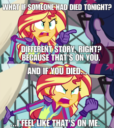 Size: 1920x2141 | Tagged: safe, edit, edited screencap, imported from derpibooru, screencap, sci-twi, sunset shimmer, twilight sparkle, equestria girls, friendship games, angry, exploitable meme, image macro, meme, peter parker, spider-man: homecoming, sunset yells at twilight, tony stark
