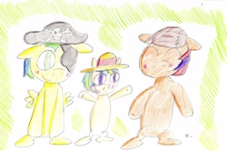 Size: 2666x1767 | Tagged: safe, artist:ptitemouette, imported from derpibooru, oc, oc:apple tango, oc:glory sentry, oc:indiana golden, family, gay, male, next generation, next next generation, offspring, parent:apple bloom, parent:flash sentry, parent:oc:apple tango, parent:oc:glory sentry, parent:tender taps, parent:timber spruce, parents:tenderbloom, parents:timberflash, pirate