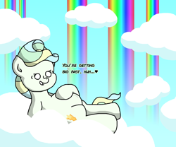 Size: 1200x1000 | Tagged: safe, artist:goodie-bag, derpibooru exclusive, imported from derpibooru, vapor trail, pegasus, pony, belly, blank eyes, cloud, cloudsdale, cutie mark, female, heart, hooves, looking down, lying down, lying on a cloud, mare, mother, no pupils, on a cloud, on back, paint.net, pregnant, rainbow waterfall, sky, smiling, solo, talking, teeth, text, wings