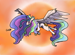 Size: 1280x941 | Tagged: safe, artist:greyscaleart, imported from derpibooru, princess celestia, alicorn, pony, female, flying, mare, signature, smiling, solo