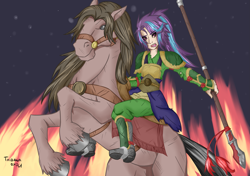 Size: 2949x2075 | Tagged: safe, artist:fatamorganaedic, imported from derpibooru, starlight glimmer, horse, human, equestria girls, armor, duo, female, fire, humanized, light skin, spear, weapon