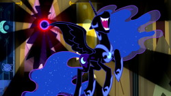 Size: 1280x720 | Tagged: safe, imported from derpibooru, screencap, nightmare moon, tantabus, alicorn, pony, do princesses dream of magic sheep, ethereal mane, evil laugh, female, laughing, mare, moon, nose in the air, open mouth, sharp teeth, solo, spread wings, starry mane, teeth, volumetric mouth, wings