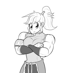 Size: 854x890 | Tagged: safe, artist:matchstickman, imported from derpibooru, applejack, human, applejacked, biceps, breasts, busty applejack, clothes, cosplay, costume, female, humanized, korra, looking at you, monochrome, muscles, ponytail, simple background, solo, the legend of korra, white background