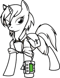 Size: 1135x1481 | Tagged: safe, artist:amazingmax, artist:lachasseauxhiboux, imported from derpibooru, oc, oc only, oc:littlepip, pony, unicorn, fallout equestria, clothes, fanfic, fanfic art, female, hooves, horn, jumpsuit, mare, partial color, pipbuck, saddle bag, simple background, solo, transparent background, vault suit, vector