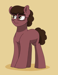 Size: 1390x1819 | Tagged: safe, artist:pastel-charms, imported from derpibooru, oc, oc only, oc:rock candy, earth pony, pony, glasses, male, offspring, parent:cheese sandwich, parent:pinkie pie, parents:cheesepie, simple background, solo, stallion, yellow background