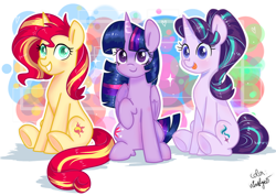 Size: 1510x1076 | Tagged: safe, artist:ch-chau, artist:chautung, artist:whiskyice, imported from derpibooru, starlight glimmer, sunset shimmer, twilight sparkle, alicorn, pony, unicorn, equestria girls, :p, abstract background, collaboration, cute, female, glimmerbetes, looking at you, mare, shimmerbetes, silly, smiling, tongue out, twiabetes, twilight sparkle (alicorn)