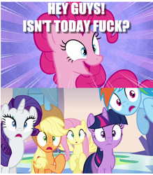 Size: 1280x1462 | Tagged: safe, imported from derpibooru, applejack, fluttershy, pinkie pie, rainbow dash, rarity, twilight sparkle, fanfic art, image macro, mane six, meme, shocked, vulgar