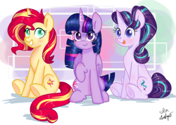 Size: 1510x1076 | Tagged: safe, alternate version, artist:ch-chau, artist:chautung, artist:whiskyice, imported from derpibooru, starlight glimmer, sunset shimmer, twilight sparkle, alicorn, pony, unicorn, abstract background, collaboration, magical trio, simple background, sitting, smiling, tongue out, trio, twilight sparkle (alicorn)